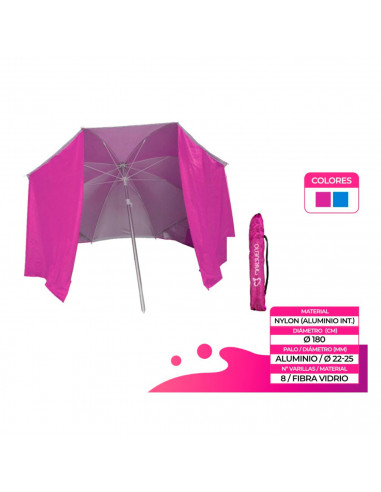 Sombrilla de nylon con paraviento 180 cm, parasol aluminio playa con bolsa, mástil diámetro 22-25 mm, varillas fibra de vidrio,