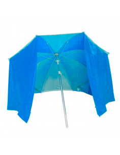 Sombrilla de nylon con paraviento 200 cm, parasol aluminio playa con bolsa, mástil diámetro 22-25 mm, varillas fibra de vidrio,