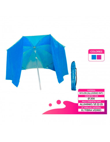 Sombrilla de nylon con paraviento 200 cm, parasol aluminio playa con bolsa, mástil diámetro 22-25 mm, varillas fibra de vidrio,
