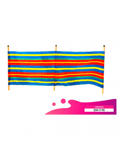Paravientos 3 palos para playa 200 x 115 cm, protector de viento, 2 paneles polyetileno, postes de madera, acampada, camping, ja