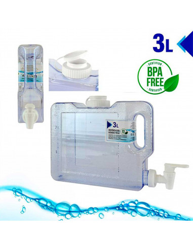 Tradineur - Dispensador de bebidas de plástico 3 litros con grifo para frigorífico, 22 x 7 x 33,5 cm, botella dispensadora agua,