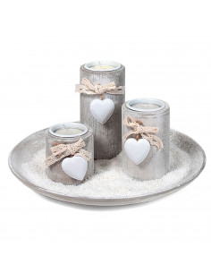 Bandeja con 3 portavelas de madera con corazón y arena blanca 24,8 x 13 cm, velas decorativas jardín, baño, bodas, decoración vi