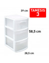 Tradineur - Cajonera támesis de plástico blanco, 3 cajones transparentes, 58,5 x 28,5 x 39 cm, torre de almacenaje y organizació