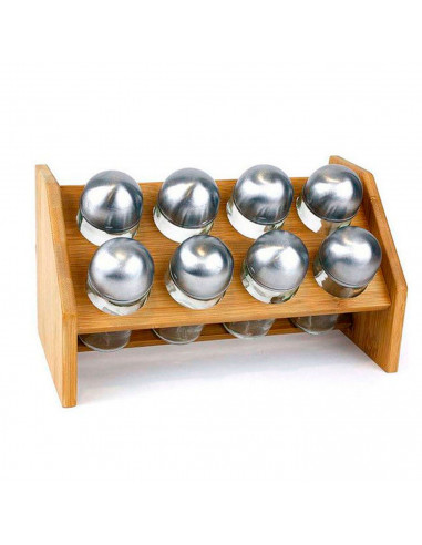 Set de 8 especieros con soporte de bambú 13,5 x 25 x 14 cm, organizador de especias madera 8 botes cristal y acero inoxidable, e