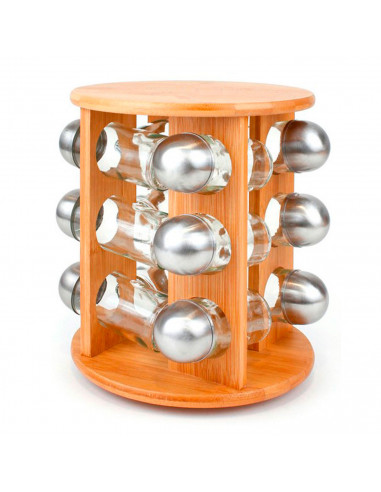 Set de 12 especieros con soporte de bambú 24 x 19 cm, organizador de especias madera 12 botes cristal y acero inoxidable, estant