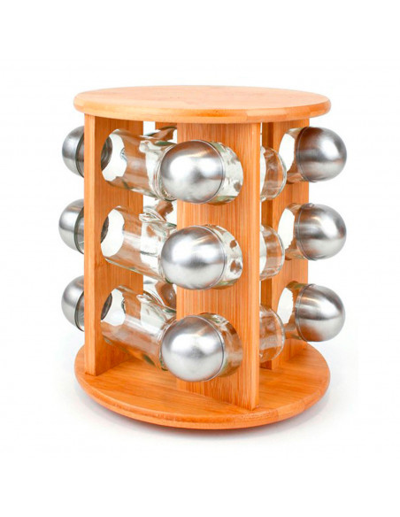 Set de 12 especieros con soporte de bambú 24 x 19 cm, organizador de especias madera 12 botes cristal y acero inoxidable, estant