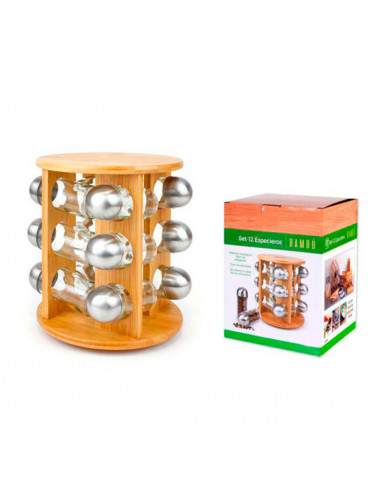 Set de 12 especieros con soporte de bambú 24 x 19 cm, organizador de especias madera 12 botes cristal y acero inoxidable, estant