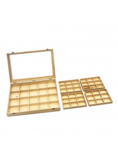 Caja de madera, 56 compartimentos en 2 niveles, tapa con cristal 7,8 x 44,8 x 29,8 cm, 4 bandejas removibles, expositor joyas, o