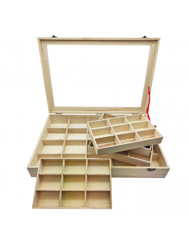 Caja de madera, 56 compartimentos en 2 niveles, tapa con cristal 7,8 x 44,8 x 29,8 cm, 4 bandejas removibles, expositor joyas, o