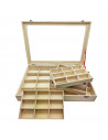 Caja de madera, 56 compartimentos en 2 niveles, tapa con cristal 7,8 x 44,8 x 29,8 cm, 4 bandejas removibles, expositor joyas, o