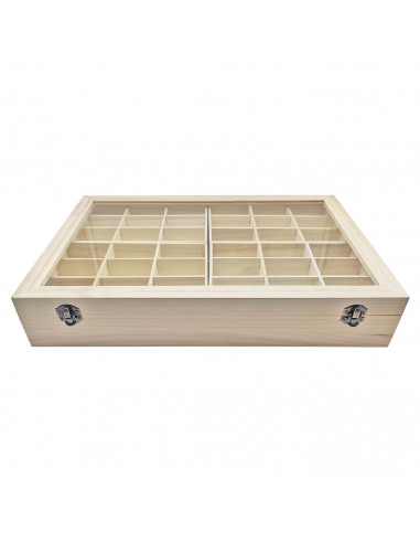 Caja de madera, 56 compartimentos en 2 niveles, tapa con cristal 7,8 x 44,8 x 29,8 cm, 4 bandejas removibles, expositor joyas, o