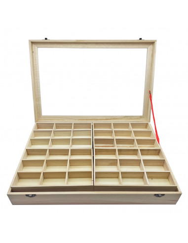 Caja de madera, 56 compartimentos en 2 niveles, tapa con cristal 7,8 x 44,8 x 29,8 cm, 4 bandejas removibles, expositor joyas, o