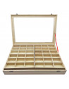 Caja de madera, 56 compartimentos en 2 niveles, tapa con cristal 7,8 x 44,8 x 29,8 cm, 4 bandejas removibles, expositor joyas, o