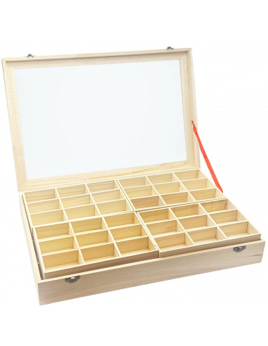 Caja de madera, 56 compartimentos en 2 niveles, tapa con cristal 7,8 x 44,8 x 29,8 cm, 4 bandejas removibles, expositor joyas, o
