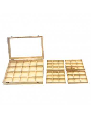 Caja de madera, 56 compartimentos en 2 niveles, tapa con cristal 7,8 x 44,8 x 29,8 cm, 4 bandejas removibles, expositor joyas, o