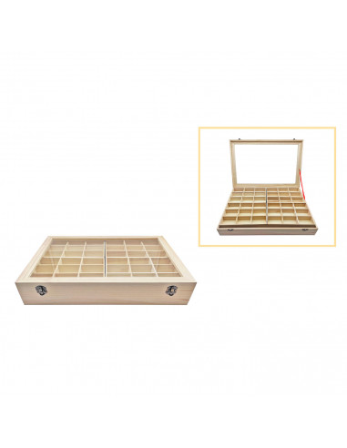 Caja de madera, 56 compartimentos en 2 niveles, tapa con cristal 7,8 x 44,8 x 29,8 cm, 4 bandejas removibles, expositor joyas, o