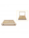 Caja de madera, 56 compartimentos en 2 niveles, tapa con cristal 7,8 x 44,8 x 29,8 cm, 4 bandejas removibles, expositor joyas, o