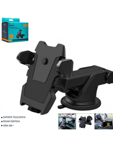 Soporte de móvil coche universal para pantallas entre 3,5 - 6,3'', brazo telescópico ajustable, giro de 360º con ventosa para