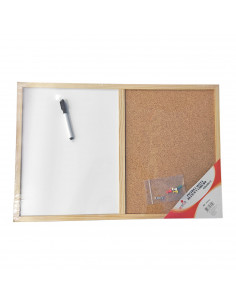 Tradineur - Pizzara combinada doble uso, tablero mixto blanco y corcho, 59 x 39,5 cm, marco de madera, rotulador borrado en seco