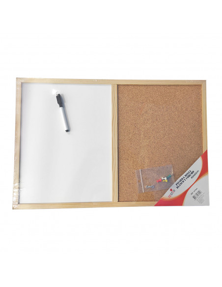 Tradineur - Pizzara combinada doble uso, tablero mixto blanco y corcho, 59 x 39,5 cm, marco de madera, rotulador borrado en seco