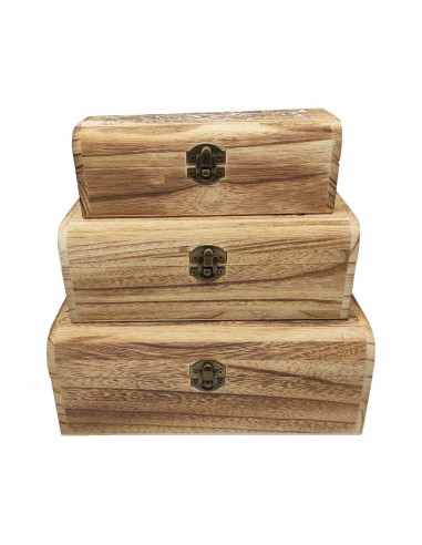 Conjunto de 3 cajas de madera, forma de baúl, 9,5 x 25 x 14 cm, juego cajas rectangulares decorativas, cierre metálico frontal,