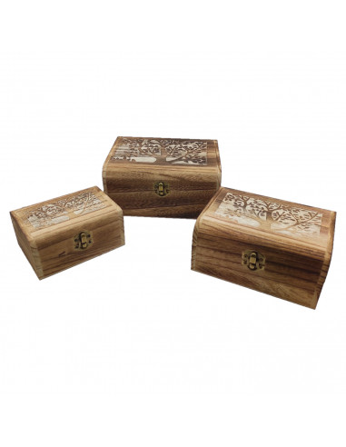 Conjunto 3 cajas de madera, forma de baúl, 9 x 19 x 15,5 cm, juego cajas rectangulares decorativas, cierre metálico frontal, alm