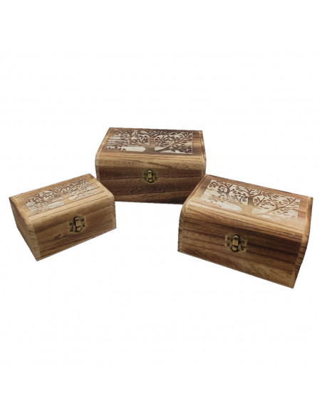 Conjunto 3 cajas de madera, forma de baúl, 9 x 19 x 15,5 cm, juego cajas rectangulares decorativas, cierre metálico frontal, alm Conjunto 3 cajas de madera, forma de baúl, 9 x 19 x 15,5 cm, juego cajas rectangulares decorativas, cierre metálico frontal, alm