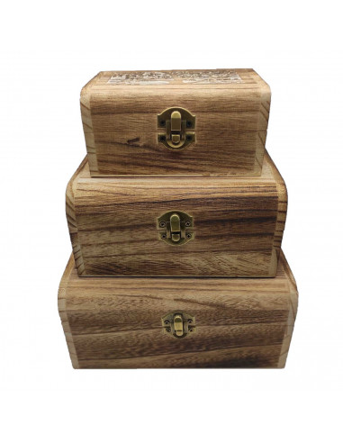 Conjunto 3 cajas de madera, forma de baúl, 9 x 19 x 15,5 cm, juego cajas rectangulares decorativas, cierre metálico frontal, alm