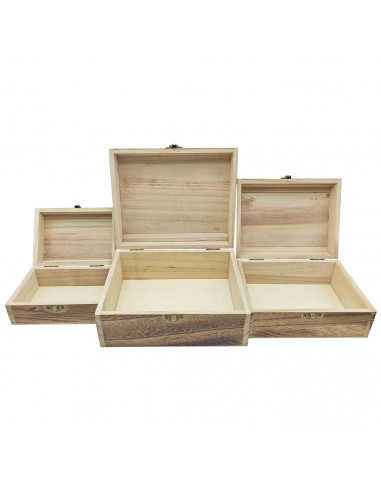 Conjunto 3 cajas de madera, forma de baúl, 9 x 19 x 15,5 cm, juego cajas rectangulares decorativas, cierre metálico frontal, alm