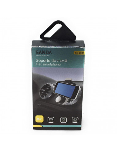 Soporte de móvil para rejilla de coche, dispositivos de 3,6 a 6,3'', giro 360º, plástico rígido, sujección a la rejilla de ven