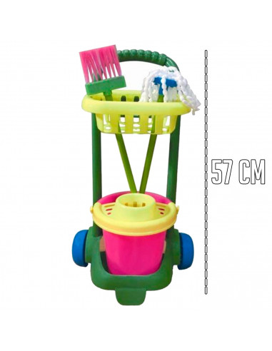 Tradineur - Carro de limpieza infantil de juguete con accesorios 57 x 31 x 20 cm, plástico resistente, cubo, fregona, escoba, ba
