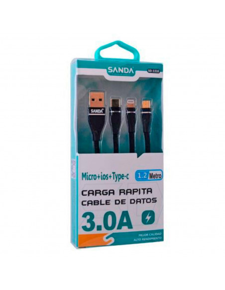 Cable de datos para móvil 3 en 1, micro-usb + iOS + Tipo C, 1,2 m, carga rápida, transferencia de datos de móvil a portátil u ot