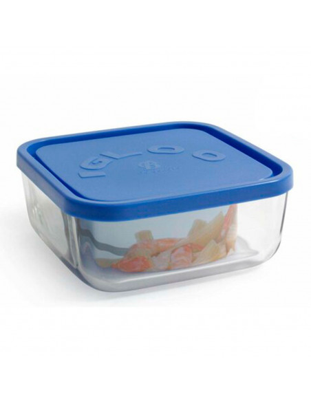 Fiambrera cuadrada de vidrio 15 x 15 x 6,2 cm, modelo Igloo, tapa de plástico azul, recipiente para alimentos apto para lavavaji