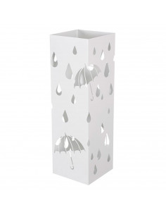 Paragüero cuadrado de metal blanco 49 x 15,4 x 15,4 cm, diseño de lluvia, soporte para paraguas con recipiente de plástico, idea