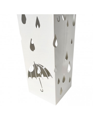 Paragüero cuadrado de metal blanco 49 x 15,4 x 15,4 cm, diseño de lluvia, soporte para paraguas con recipiente de plástico, idea