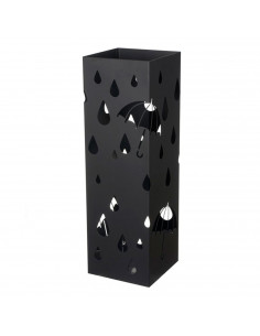 Paragüero cuadrado de metal negro 49 x 15,6 x 15,4 cm, diseño de lluvia, soporte para paraguas con recipiente de plástico, ideal