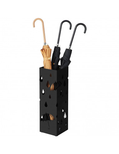 Paragüero cuadrado de metal negro 49 x 15,6 x 15,4 cm, diseño de lluvia, soporte para paraguas con recipiente de plástico, ideal