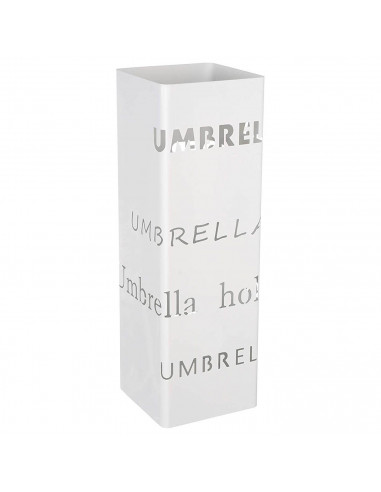 Paragüero blanco de metal cuadrado 49 x 16 x 15,8 cm, diseño letras umbrella holder, soporte para paraguas con recipiente de plá