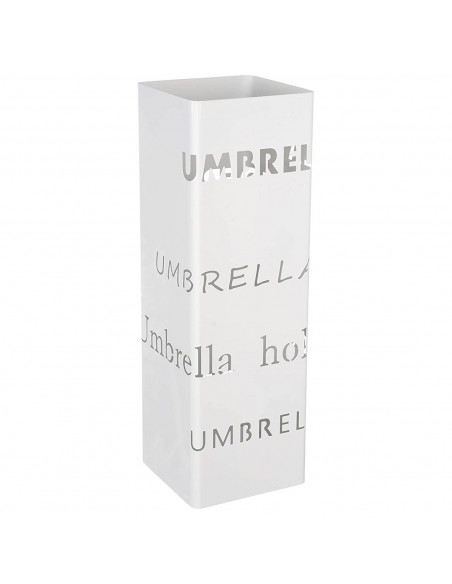 Paragüero blanco de metal cuadrado 49 x 16 x 15,8 cm, diseño letras umbrella holder, soporte para paraguas con recipiente de plá