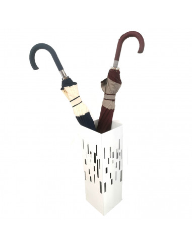 Paragüero metálico cuadrado blanco 49 x 15,5 x 15,4 cm, diseño minimalista, soporte para paraguas con recipiente de plástico, id