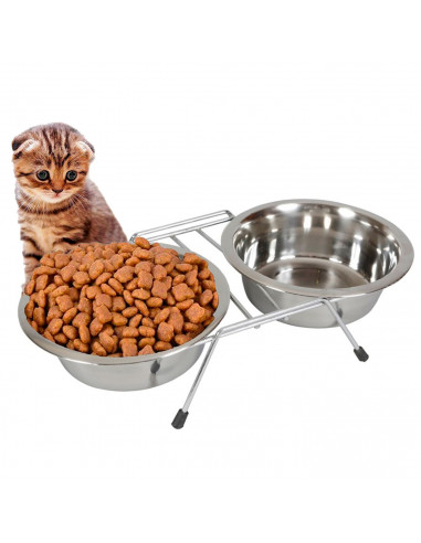 Tradineur - Comedero doble para mascotas de acero inoxidable con soporte elevado 35,5 x 16,7 x 8,3 cm, cuenco doble para perros