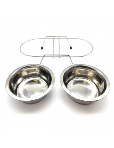 Tradineur - Comedero doble para mascotas de acero inoxidable con soporte elevado 35,5 x 16,7 x 8,3 cm, cuenco doble para perros