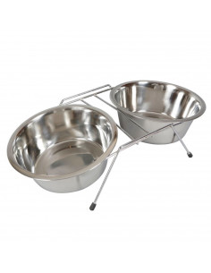 Tradineur - Comedero doble para mascotas con soporte elevado de acero inoxidable 44 x 21 x 8,3 cm, cuenco doble para perros y ga
