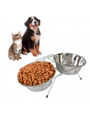 Tradineur - Comedero doble para mascotas con soporte elevado de acero inoxidable 44 x 21 x 8,3 cm, cuenco doble para perros y ga