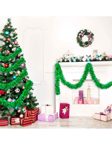 Tradineur - Guirnalda navideña, verde, 12 x 180 cm, espumillón brillante, oropel colgante, decoración navidad, árbol, chimeneas,