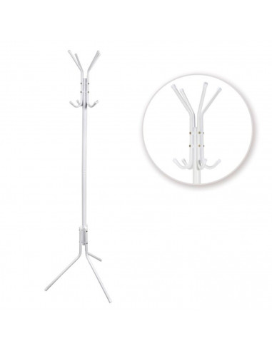 Tradineur - Perchero de pie blanco metálico 8 ganchos 170 x 48 cm, soporte clásico para colgar abrigos, sombreros, bolsos, estil