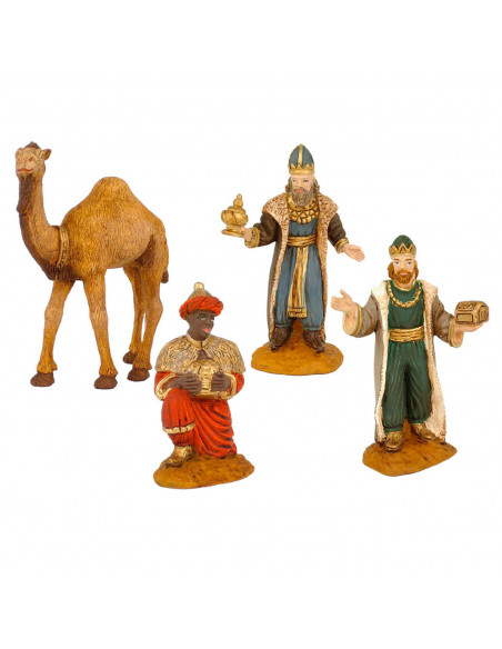 Tradineur - Figuras reyes magos adorando y camello para belén navideño 8 cm, durexina, figuras decorativas nacimiento, pesebre,