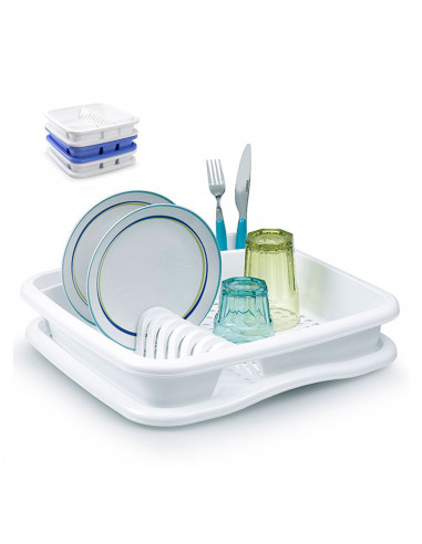 Plastic Forte - Escurreplatos de plástico rectangular con bandeja 38,5 x 38,5 x 8 cm, escurridor de cocina, recipiente secado de