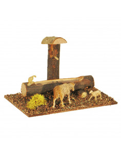Tradineur - Abrevadero con animales para portal de belén 11 x 15,5 x 9 cm, corcho y resina, bebedero ovejas, patos, gallinas, as