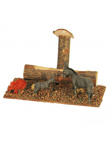 Tradineur - Abrevadero con animales para portal de belén 11 x 15,5 x 9 cm, corcho y resina, bebedero ovejas, patos, gallinas, as